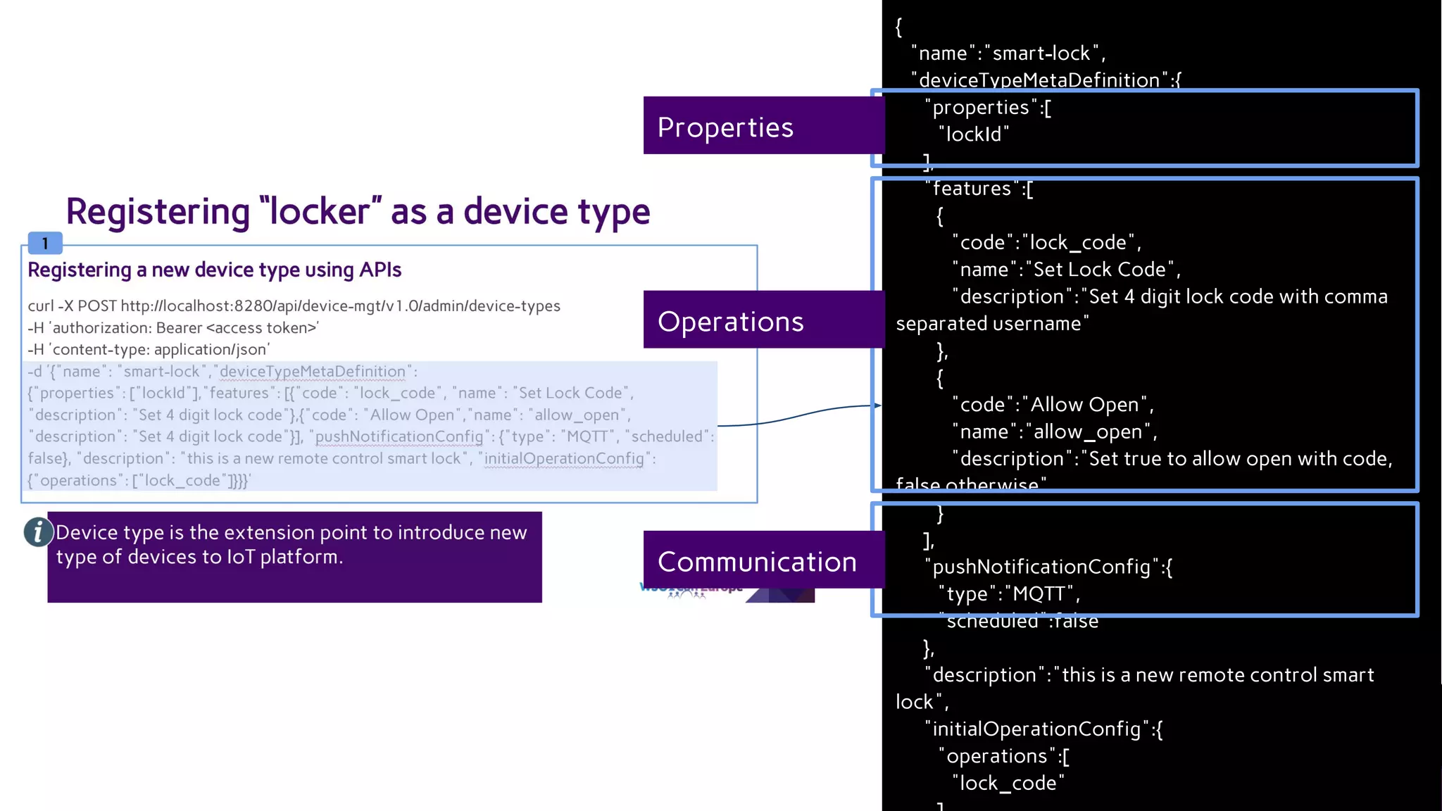 {
"name":"smart-lock",
"deviceTypeMetaDefinition":{
"properties":[
"lockId"
],
"features":[
{
"code":"lock_code",
"name":"Set Lock Code",
"description":"Set 4 digit lock code with comma
separated username"
},
{
"code":"Allow Open",
"name":"allow_open",
"description":"Set true to allow open with code,
false otherwise"
}
],
"pushNotificationConfig":{
"type":"MQTT",
"scheduled":false
},
"description":"this is a new remote control smart
lock",
"initialOperationConfig":{
"operations":[
"lock_code"
Properties
Operations
Communication
 