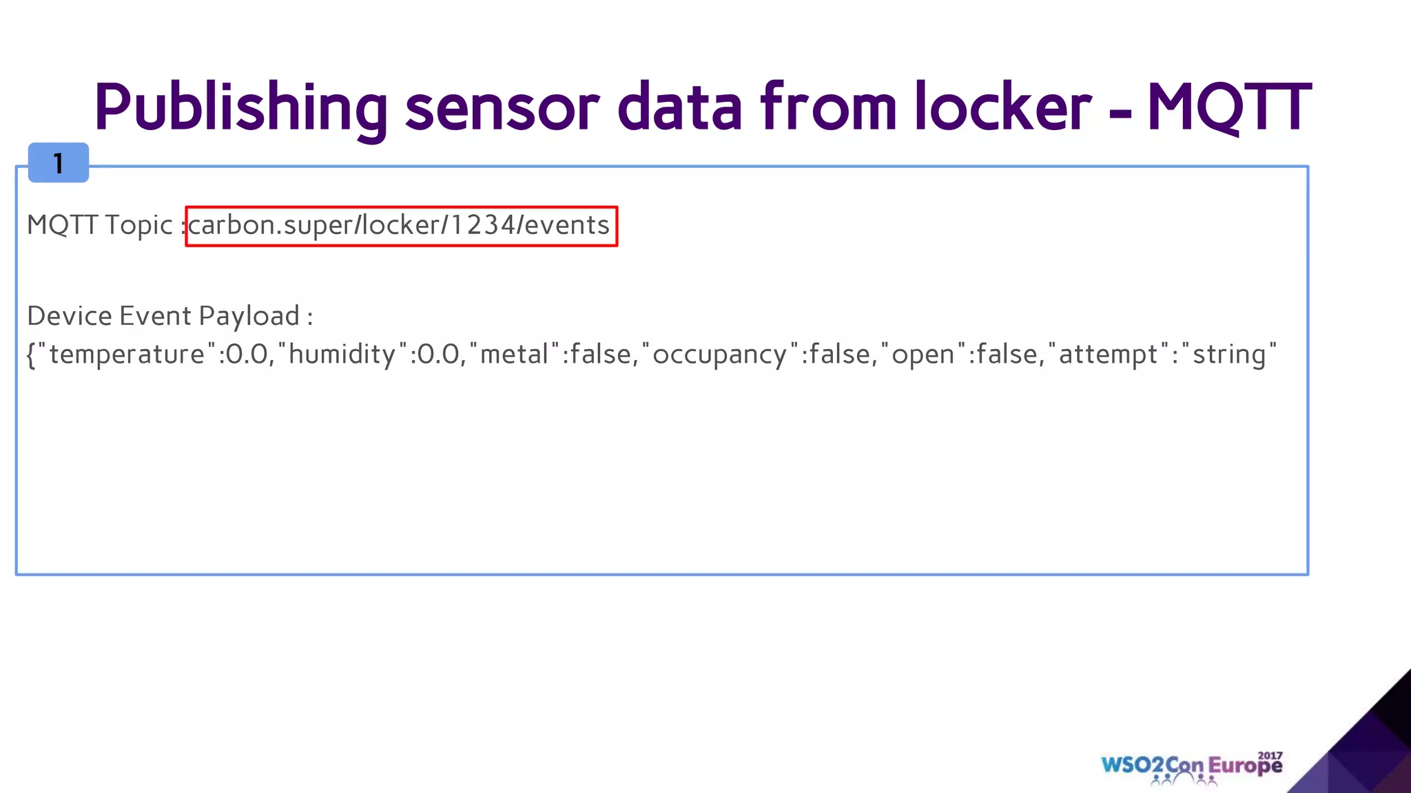 Publishing sensor data from locker - MQTT
1
MQTT Topic :carbon.super/locker/1234/events
Device Event Payload :
{"temperature":0.0,"humidity":0.0,"metal":false,"occupancy":false,"open":false,"attempt":"string"
 
