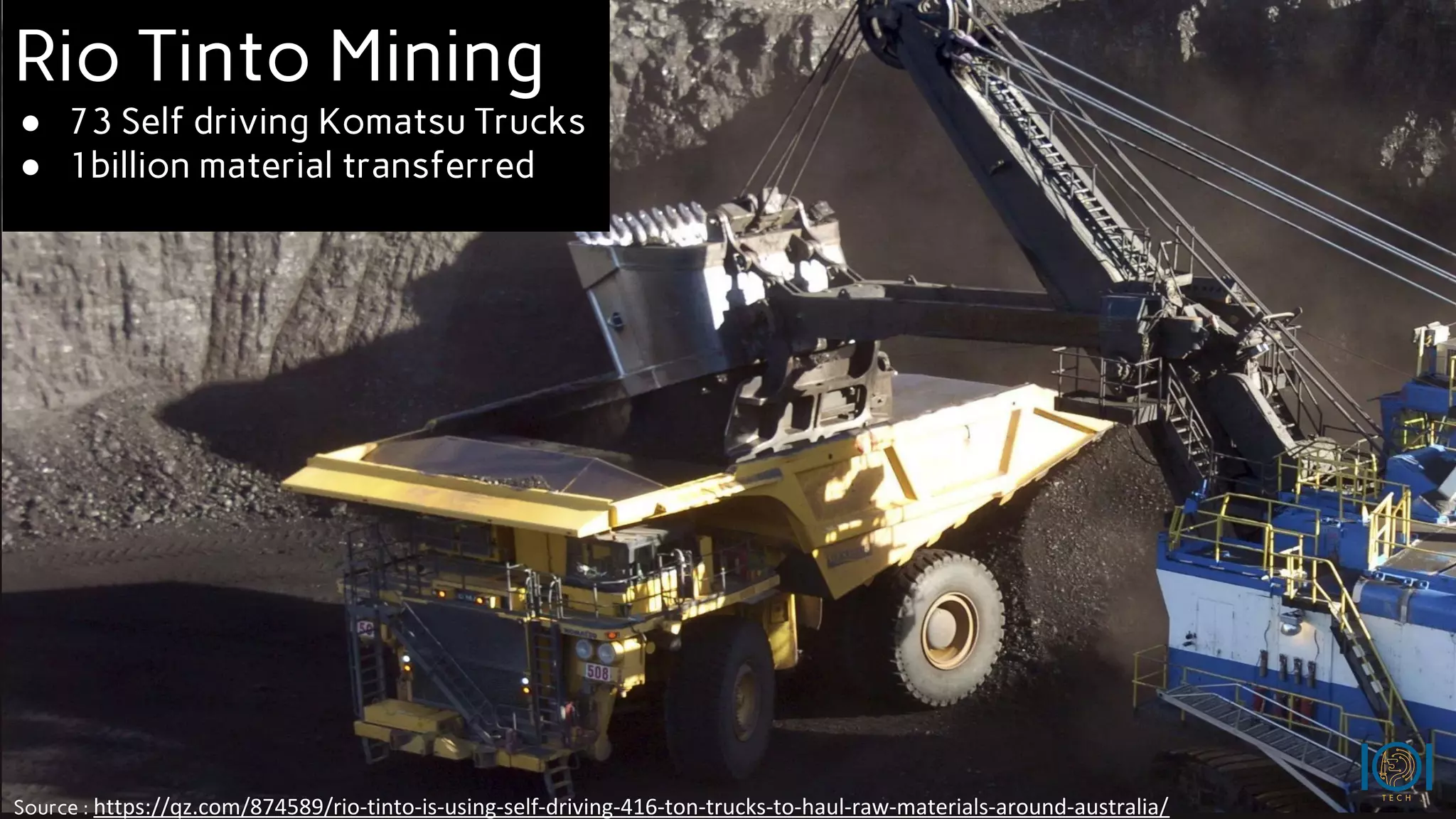 Rio Tinto Mining
● 73 Self driving Komatsu Trucks
● 1billion material transferred
Source : https://qz.com/874589/rio-tinto-is-using-self-driving-416-ton-trucks-to-haul-raw-materials-around-australia/
 