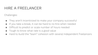 HIRE A FREELANCER
Challenges:
● They aren’t incentivized to make your company successful
● If you take a break, it can be hard to re-hire when needed
● Difficult to predict or scale number of hours needed
● Tough to know what rate is a good value
● Hard to build the “team” cohesion with several independent freelancers
 