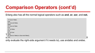 Comparison Operators (cont’d)
Erlang also has all the normal logical operators such as and, or, xor, and not.
The boolean operators and and or will always evaluate arguments on both
sides of the operator. If you want to have the short-circuit operators (which will
only evaluate the right-side argument if it needs to), use andalso and orelse.
1> true or false.
true
2> true and false.
false
3> true xor false.
true
4> not false.
true
5> not true.
false
6> ((true or false) or (true and false)).
true
 