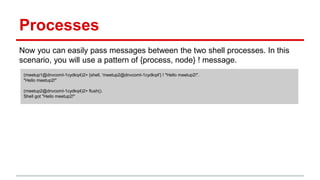Processes
Now you can easily pass messages between the two shell processes. In this
scenario, you will use a pattern of {process, node} ! message.
(meetup1@dnvcoml-1cydkq4)2> {shell, 'meetup2@dnvcoml-1cydkq4'} ! "Hello meetup2!".
"Hello meetup2!"
(meetup2@dnvcoml-1cydkq4)2> flush().
Shell got "Hello meetup2!"
 