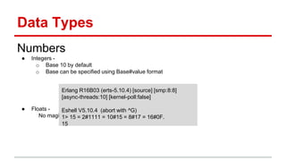 Data Types
Numbers
● Integers -
o Base 10 by default
o Base can be specified using Base#value format
● Floats -
No magic here. 222.43 = 22.243e1.
Erlang R16B03 (erts-5.10.4) [source] [smp:8:8]
[async-threads:10] [kernel-poll:false]
Eshell V5.10.4 (abort with ^G)
1> 15 = 2#1111 = 10#15 = 8#17 = 16#0F.
15
 