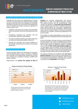 Typically the real reason for implementing a change
in IT lies in the perceived risk of delivering the change
being less than the risk of not changing. It is therefore
essential to identify risks arising from the deployment
of an IT solution and adopt a proactive approach to
reducing these risks:
»» Establish a risk-based test strategy which identifies
where the greatest technical and operational risks
lie.
»» Incorporate risk-based test activities into the
overall project delivery methodology.
»» Incentivise quality by setting up vendor payments
according to measurable quality milestones.
»» Identify the shortfalls and provide feedback to
the vendor and business for review as the project
progresses.
Testing typically suffers from development slippages
and immovable delivery dates, resulting in reduced
test coverage and inappropriate sequencing of tests
(e.g. running user acceptance testing in parallel with
system testing).
Organisations can protect the quality of their IT
projects by ensuring independent test process
governance as well as providing adequate funding.
The testing process can be compromised when
vendors are allowed to “mark their own homework”,
or even“setting their own exams”. Problems also occur
when testing reports go via project management,
rather than directly to key stakeholders. Make testing
status reports a regular feature of steering committee
meetings and consider conducting independent test
process audits.
If you follow an agile methodology, ensure there are
dedicatedtestersembeddedwithineachdevelopment
team.
In terms of budget, estimate testing as a percentage of
the total project cost, rather a malleable phase of the
project which can be impacted by schedule changes.
The average spend on software testing in Australia
runs to around 25% of the total project budget (p.
15, Ross Report 2010 see below). Even with the right
budget, tight timelines can prevent adequate testing,
in which case you need to look at improving efficiency
through test automation and test case optimisation.
The chance of hitting the headlines after Go Live is
greatly reduced by protecting the testing phase from
being squeezed by upstream slippages, and insisting
on achieving meaningful test coverage of the system
according to the risk profile of the project.
TAILORING TESTING: ASSESS RISK AND TEST ACCORDINGLY
Page 3
K. J. Ross & Associates
Software Testing & ICT Risk Mitigation
WHITEPAPER | HOWCXO'SCANREDUCEITPROJECTRISK
BYIMPROVINGSOFTWARETESTING
PROTECT THE TESTING CYCLE
info@kjross.com.au
www.kjross.com.au
1300 854 063
The Ross Report shows that on average, 25%
of budgeted and actual costs of a successful
project are spent on testing.
This graph shows that some projects will spend up to
40% of project costs on testing. This will either be due
to poor quality or a need for mission critical systems.
The average project will spend 20 - 25% of project
costs on testing
 