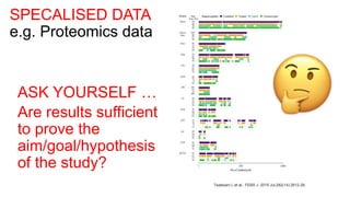 SPECALISED DATA
e.g. Proteomics data
Tsiatsiani L et al., FEBS J. 2015 Jul;282(14):2612-26.
ASK YOURSELF …
Are results sufficient
to prove the
aim/goal/hypothesis
of the study?
 