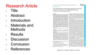 Research Article
• Title
• Abstract
• Introduction
• Materials and
Methods
• Results
• Discussion
• Conclusion
• References Singh V et al., J Cell Sci. 2018 Aug 17;131(16).​
 