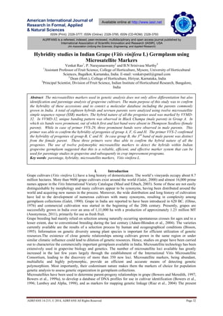 ISSN (Print): 2328-3777, ISSN (Online): 2328-3785, ISSN (CD-ROM): 2328-3793
American International Journal of
Research in Formal, Applied
& Natural Sciences
AIJRFANS 14-215; © 2014, AIJRFANS All Rights Reserved Page 32
Available online at http://www.iasir.net
AIJRFANS is a refereed, indexed, peer-reviewed, multidisciplinary and open access journal published by
International Association of Scientific Innovation and Research (IASIR), USA
(An Association Unifying the Sciences, Engineering, and Applied Research)
Hybridity studies in Indian Grape (Vitis vinifera L) Germplasm using
Microsatellite Markers
Venkat Rao1
, P. Narayanaswamy2
and B.N Srinivasa Murthy
3
1
Assistant Professor of Fruit Science, College of Horticulture, Mysore, University of Horticultural
Sciences, Bagalkot, Karnataka, India. E-mail: venkatvpatil@gmail.com
2
Dean (Hort.), College of Horticulture, Hiriyur, Karnataka, India
3
Principal Scientist, Division of Fruit Science, Indian Institute of Horticultural Research, Bangalore,
India
I. Introduction
Grape cultivars (Vitis vinifera L) have a long history of domestication. The world’s vineyards occupy about 8.7
million hectares. More than 9600 grape cultivars exist around the world (Galet, 2000) and almost 16,000 prime
names appear in the Vitis International Variety Catalogue (Maul and Eibach, 2003). Some of these are not easily
distinguishable by morphology and many cultivars appear to be synonyms, having been distributed around the
world and acquiring new names in the process. Moreover, the wide distribution and long history of cultivation
have led to the development of numerous cultivars with many synonyms, resulting in complexity among
germplasm collections (Galet, 1990). Grape in India are reported to have been introduced in 620 BC. (Olmo,
1976) and commercial cultivation was started in the beginning of the 20th century. Presently, grapes are
successfully grown in India over an area of 1,11,000 ha with a production of approximately 1.23 million MT
(Anonymous, 2011), primarily for use as fresh fruit.
Grape breeding had mainly relied on selection among naturally occurring spontaneous crosses for ages and to a
lesser extent, due to conventional breeding during the last century (Adam-Blondon et al., 2004). The varieties
currently available are the results of a selection process by human and ecogeographical conditions (Bisson,
1995). Information on genetic diversity among plant species is important for efficient utilization of genetic
resources.The existence of close genetic relationships among cultivars grown in the same region or under
similar climatic influence could lead to dilution of genetic resources. Hence, studies on grape have been carried
out to characterize the commercially important germplasm available in India. Microsatellite technology has been
extensively used in grapevine biology and genetics. The number of microsatellite loci available has greatly
increased in the last few years largely through the establishment of the International Vitis Microsatellite
Consortium, leading to the discovery of more than 350 new loci. Microsatellite markers, being abundant,
multiallelic and highly polymorphic, provide an efficient and accurate means of detecting genetic
polymorphism. Most importantly, their codominant nature makes them the markers of choice for population
genetic analysis to assess genetic organization in germplasm collections.
Microsatellites have been used to determine parent-progeny relationships in grape (Bowers and Meredith, 1997;
Bowers et al., 1999a), to develop a database of DNA profiles for use in cultivar identification (Bowers et al.,
1996; Lamboy and Alpha, 1998), and as markers for mapping genetic linkage (Riaz et al., 2004) The present
Abstract: The microsatellites markers used in genetic analysis does not only allow differentiation but also
identification and parentage analysis of grapevine cultivars. The main purpose of this study was to confirm
the hybridity of these accessions and to constct a molecular database including the parents commonly
grown in India. A total of eighteen hybrids and sevruen parents were analyzed using twelve microsatellite
simple sequence repeat (SSR) markers. The hybrid nature of all the progenies used was marked by VVMD-
32. In VVMD-32, unique banding pattern was observed in Black Champa (male parent) in Group A. In
which six bands were prominent, out of which first and last band were absent in Thompson Seedless (female
parent). While in case of primer VVS-29, three prominent bands were observed in male parents. This
primer was able to confirm the hybridity of progenies of group A, F, G and H. The primer VVS-2 confirmed
the hybridity of progenies of group-B, C and H. In case group B, the 3rd
band of male parent was distinct
from the female parent. These three primers were thus able to confirm the hybrid nature of all the
progenies. The use of twelve polymorphic microsatellite markers to detect the hybrids within Indian
grapevine germplasm suggested that this is a reliable, efficient, and effective marker system that can be
used for parentage studies in grapevine and subsequently in crop improvement programs.
Key words: parentage, hybridity, microsatellits markers, Vitis vinifera L.
 