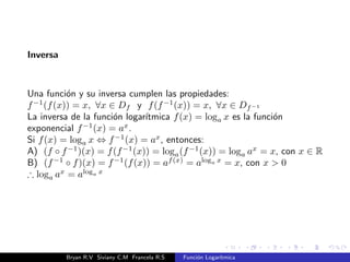 Si 0  b  1, f es estrictamente decreciente. 
Nota: en el caso de la funcion logartmica es concava hacia abajo. 
Bryan R.V Siviany C.M Francela R.S Funcion Logartmica 
 