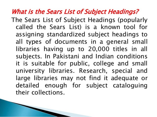 SEARS SUBJECT HEADINGS EBOOK SEARS SUBJECT HEADINGS EBOOK