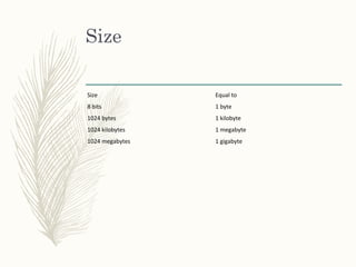 Size
Size Equal to
8 bits 1 byte
1024 bytes 1 kilobyte
1024 kilobytes 1 megabyte
1024 megabytes 1 gigabyte
 