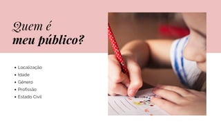 Quem é
meu público?
Localização
Idade
Gênero
Profissão
Estado Civil
 