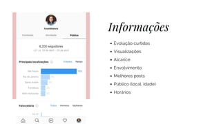 Informações
Evolução curtidas
Visualizações
Alcance
Envolvimento
Melhores posts
Público (local, idade)
Horários
 