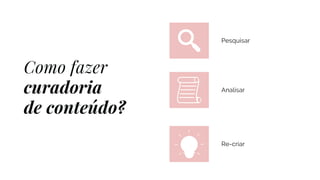 Como fazer
curadoria
de conteúdo?
Pesquisar
Analisar
Re-criar
 