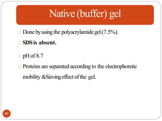 Native(buffer) gel
Done byusingthe polyacrylamidegel(7.5%).
SDSis absent.
pHof 8.7
Proteins are separated accordingto the electrophoretic
mobility &Sievingeffect ofthe gel.
60
 