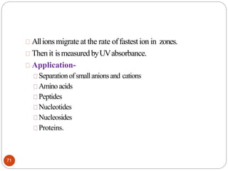 Allionsmigrate at the rate offastestion in zones.
Thenit ismeasuredbyUVabsorbance.
71
Application-
Separationofsmallanionsand cations
Aminoacids
Peptides
Nucleotides
Nucleosides
Proteins.
 