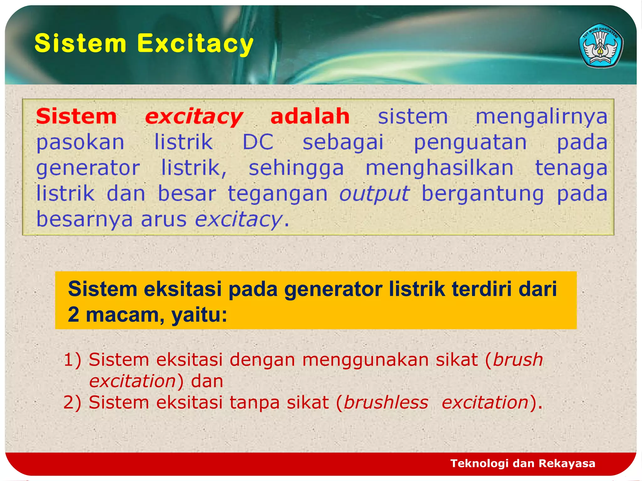 Teknologi dan Rekayasa
Sistem Excitacy
Sistem eksitasi pada generator listrik terdiri dari
2 macam, yaitu:
1) Sistem eksitasi dengan menggunakan sikat (brush
excitation) dan
2) Sistem eksitasi tanpa sikat (brushless excitation).
 