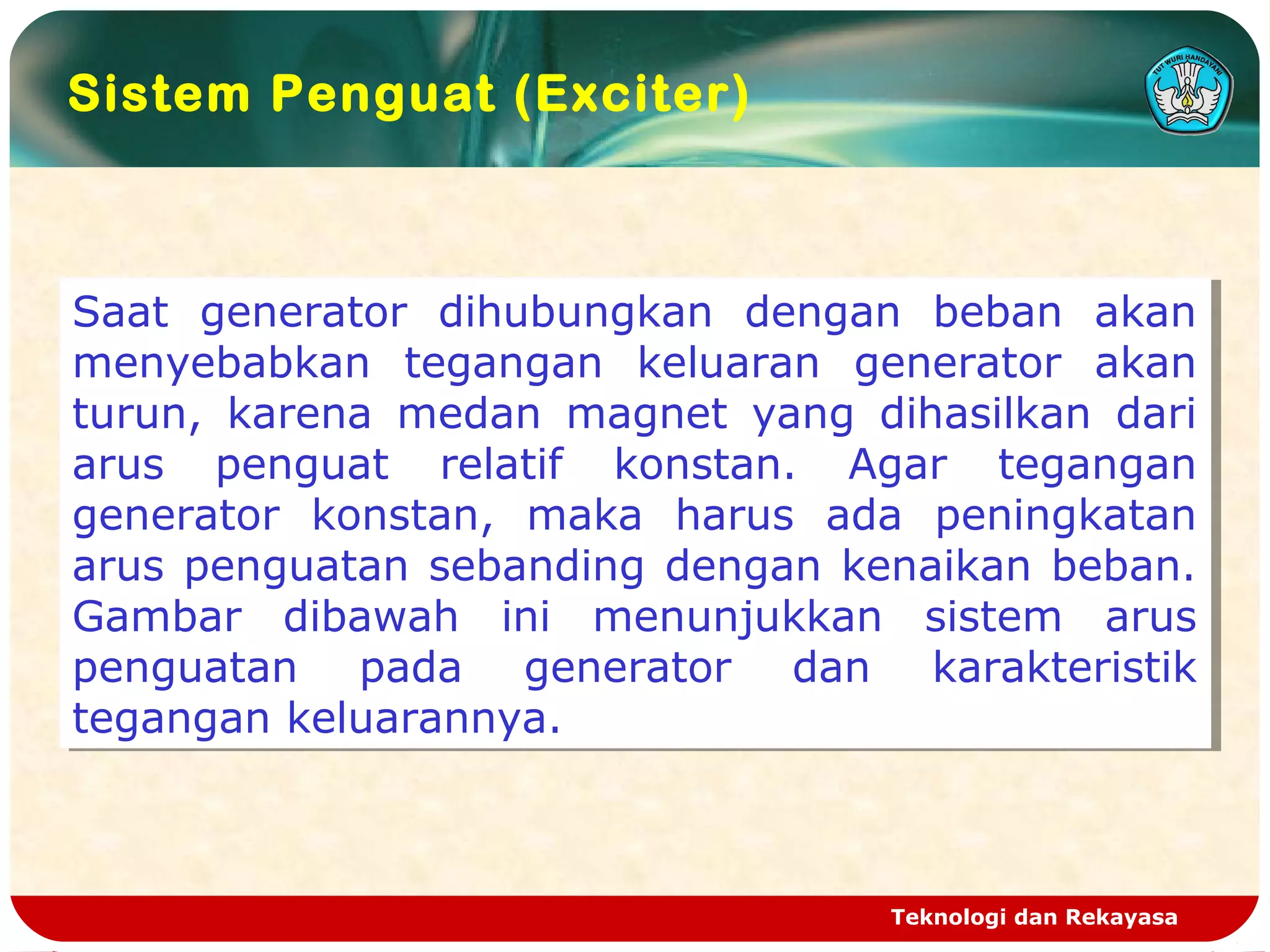 Teknologi dan Rekayasa
Sistem Penguat (Exciter)
Saat generator dihubungkan dengan beban akan
menyebabkan tegangan keluaran generator akan
turun, karena medan magnet yang dihasilkan dari
arus penguat relatif konstan. Agar tegangan
generator konstan, maka harus ada peningkatan
arus penguatan sebanding dengan kenaikan beban.
Gambar dibawah ini menunjukkan sistem arus
penguatan pada generator dan karakteristik
tegangan keluarannya.
Saat generator dihubungkan dengan beban akan
menyebabkan tegangan keluaran generator akan
turun, karena medan magnet yang dihasilkan dari
arus penguat relatif konstan. Agar tegangan
generator konstan, maka harus ada peningkatan
arus penguatan sebanding dengan kenaikan beban.
Gambar dibawah ini menunjukkan sistem arus
penguatan pada generator dan karakteristik
tegangan keluarannya.
 