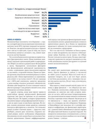А 
вось и небось 
Нелишним будет напомнить, что в Германии — стране, в которой практически идеальная платежная дисциплина, около 80 % торговых операций застраховано. Конечно, там другая деловая культура, и пришли они к ней не за один день. Судя по тому, как (пусть потихоньку) меняется ситуация у нас, можно надеяться на светлое будущее. 
Тут я хотела бы рассказать еще одну историю из нашего факторингового опыта. Некая компания занималась закупкой и реализацией рыбы и морепродуктов. Оборот составлял в среднем около 40 млн рублей в месяц. Предприятие использовало факторинг для финансирования дебиторской задолженности, а также «страхования» риска неполучения выручки по поставкам с отсрочкой платежа. Однако по одному крупному покупателю компания решила оставить риски на себе: «Зачем переплачивать за страхование, если клиент и так всегда платит?» Но вот однажды этот «100 %-ный покупатель» допустил просрочку, а затем вообще отказался исполнять обязательства, объявив себя банкротом. В итоге компания понесла убыток в размере 7 млн рублей в низкий сезон, когда проводились активные закупки. 
С другой стороны, когда меня просят привести какой‑нибудь пример прогрессивной финансовой стратегии, мне сразу же приходит на ум компания «Обувь России». Во-первых, в вопросе кредитования она демонстрирует диверсифицированный подход — у них не один и даже не два банка-партнера. Во-вторых, помимо различных видов кредитов, компания пользуется факторингом и лизингом. Это позволяет решать условно точечные задачи — нарастить товарооборот, снизить риск неплатежа, сократить кассовый разрыв, купить необходимое оборудования. Для решения их всех можно было использовать банковское кредитование. Однако дифференцированный подход к инструментам финансирования позволил компании снизить средневзвешенную стоимость привлеченных средств. Да и баланс не перегружен кредитами и займами, что также положительно влияет на отношения с кредиторами. 
Но и это еще не все. Компания не боится применять и такие инструменты, как векселя и облигационные займы. Конечно, это не значит, что «Обувь России» пользуется всем и сразу. Но ведь смысл пресловутой «грамотности» как раз и заключается в том, чтобы досконально изучить инструмент и в нужный момент им воспользоваться. 
Говорите! 
На самом деле аналогичных примеров, конечно, много. Просто финансы (и деньги, в частности) не любят суеты и шумихи. Мало кто готов так откровенно говорить, где и для чего берет деньги, и тем более рассказывать, чего с помощью этих денег ему удалось достичь. Но все‑таки, если поискать, то найти можно. 
Мне кажется, самый лучший способ узнать что‑то новое в сфере финансов — это общаться как можно с большим количеством специалистов. Книжки книжками, но зачастую они либо устарели минимум лет на пять, либо настолько теократизированы, что к реальной жизни не имеют никакого отношения. Поэтому я признаю только общение. Несмотря на то что финансисты — люди, как правило, непубличные, есть площадки, где они собираются. Например, в Новосибирске уже несколько лет в сентябре проводится конференция для финансовых директоров, где с удовольствием обмениваются опытом порядка 100 представителей бизнеса из разных отраслей. Это невероятно увлекательно и познавательно, а учиться можно не только на чужих ошибках, но и на историях успеха. Главное — учиться. 
Г 
рафик 1. Инструменты, которые использует бизнес 
К 
редит 
Возобновляемая кредитная линия 
Средства от собственника бизнеса 
Овердрафт 
Факторинг 
Страховавание 
Средства частных инвесторов 
Не используется ни один инструмент 
Форфейтинг 
Л 
изинг 
64,3% 
55,4% 
42,1% 
40,3% 
23,2% 
17,2% 
6,4% 
1% 
0,5% 
0,5% 
21 
Кредитный Консультант №6 (15) 
ноябрь-декабрь 2014 БИЗНЕС 
 