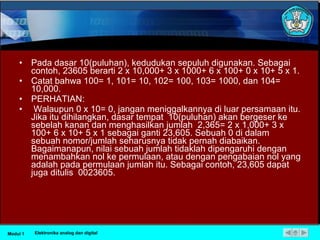 Pada dasar 10(puluhan), kedudukan sepuluh digunakan. Sebagai contoh, 23605 berarti 2 x 10,000+ 3 x 1000+ 6 x 100+ 0 x 10+ 5 x 1. Catat bahwa 100= 1, 101= 10, 102= 100, 103= 1000, dan 104= 10,000. PERHATIAN: Walaupun 0 x 10= 0, jangan meniggalkannya di luar persamaan itu. Jika itu dihilangkan, dasar tempat  10(puluhan) akan bergeser ke sebelah kanan dan menghasilkan jumlah  2,365= 2 x 1,000+ 3 x 100+ 6 x 10+ 5 x 1 sebagai ganti 23,605. Sebuah 0 di dalam sebuah nomor/jumlah seharusnya tidak pernah diabaikan. Bagaimanapun, nilai sebuah jumlah tidaklah dipengaruhi dengan  menambahkan nol ke permulaan, atau dengan pengabaian nol yang adalah pada permulaan jumlah itu. Sebagai contoh, 23,605 dapat juga ditulis  0023605. Modul 1 Elektronika analog dan digital 