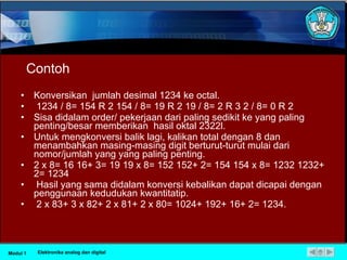 Contoh Konversikan  jumlah desimal 1234 ke octal. 1234 / 8= 154 R 2 154 / 8= 19 R 2 19 / 8= 2 R 3 2 / 8= 0 R 2 Sisa didalam order/ pekerjaan dari paling sedikit ke yang paling penting/besar memberikan  hasil oktal 2322l. Untuk mengkonversi balik lagi, kalikan total dengan 8 dan menambahkan masing-masing digit berturut-turut mulai dari nomor/jumlah yang yang paling penting. 2 x 8= 16 16+ 3= 19 19 x 8= 152 152+ 2= 154 154 x 8= 1232 1232+ 2= 1234 Hasil yang sama didalam konversi kebalikan dapat dicapai dengan  penggunaan kedudukan kwantitatip. 2 x 83+ 3 x 82+ 2 x 81+ 2 x 80= 1024+ 192+ 16+ 2= 1234. Modul 1 Elektronika analog dan digital 