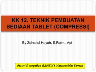 By Zahratul Hayah, S.Farm., Apt
KK 12. TEKNIK PEMBUATAN
SEDIAAN TABLET (COMPRESSI)
Materi di sampaikan di SMKN 8 Mataram kelas Farmasi
 