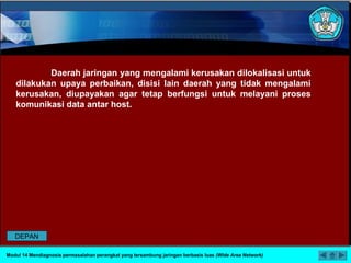 Daerah jaringan yang mengalami kerusakan dilokalisasi untuk
dilakukan upaya perbaikan, disisi lain daerah yang tidak mengalami
kerusakan, diupayakan agar tetap berfungsi untuk melayani proses
komunikasi data antar host.
Modul 14 Mendiagnosis permasalahan perangkat yang tersambung jaringan berbasis luas (Wide Area Network)
DEPAN
 