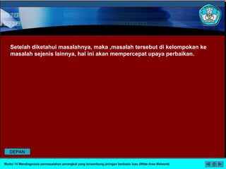 Setelah diketahui masalahnya, maka ,masalah tersebut di kelompokan ke
masalah sejenis lainnya, hal ini akan mempercepat upaya perbaikan.
Modul 14 Mendiagnosis permasalahan perangkat yang tersambung jaringan berbasis luas (Wide Area Network)
DEPAN
 