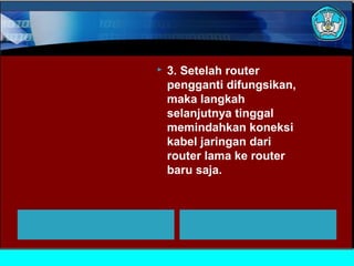  3. Setelah router
pengganti difungsikan,
maka langkah
selanjutnya tinggal
memindahkan koneksi
kabel jaringan dari
router lama ke router
baru saja.
 