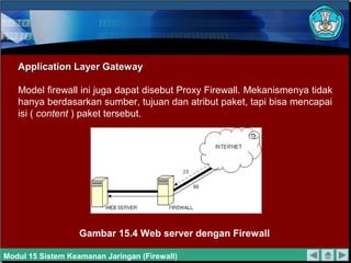 Application Layer GatewayApplication Layer Gateway
Model firewall ini juga dapat disebut Proxy Firewall. Mekanismenya tidak
hanya berdasarkan sumber, tujuan dan atribut paket, tapi bisa mencapai
isi ( content ) paket tersebut.
Gambar 15.4 Web server dengan Firewall
Modul 15 Sistem Keamanan Jaringan (Firewall)
 
