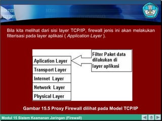 Bila kita melihat dari sisi layer TCP/IP, firewall jenis ini akan melakukan
filterisasi pada layer aplikasi ( Application Layer ).
Gambar 15.5 Proxy Firewall dilihat pada Model TCP/IP
Modul 15 Sistem Keamanan Jaringan (Firewall)
 
