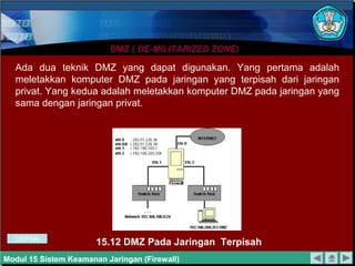 DMZ (DMZ ( DE-MILITARIZED ZONE)DE-MILITARIZED ZONE)
15.12 DMZ Pada Jaringan Terpisah
Ada dua teknik DMZ yang dapat digunakan. Yang pertama adalah
meletakkan komputer DMZ pada jaringan yang terpisah dari jaringan
privat. Yang kedua adalah meletakkan komputer DMZ pada jaringan yang
sama dengan jaringan privat.
Modul 15 Sistem Keamanan Jaringan (Firewall)
DEPAN
 