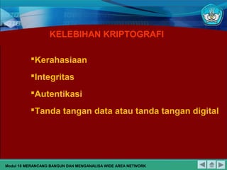 KELEBIHAN KRIPTOGRAFI
Kerahasiaan
Integritas
Autentikasi
Tanda tangan data atau tanda tangan digital
Modul 18 MERANCANG BANGUN DAN MENGANALISA WIDE AREA NETWORK
 