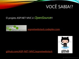 By André A. Veríssimo da Silva
VOCÊ SABIA!?
O projeto ASP.NET MVC é OpenSource!!!
aspnetwebstack.codeplex.com
github.com/ASP-NET-MVC/aspnetwebstack
 