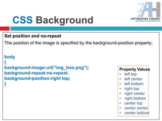 CSS Background
Set position and no-repeat
The position of the image is specified by the background-position property:
body
{
background-image:url("img_tree.png");
background-repeat:no-repeat;
background-position:right top;
}
Property Values
• left top
• left center
• left bottom
• right top
• right center
• right bottom
• center top
• center center
• center bottom
 