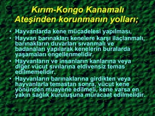 Kırım-Kongo Kanamalı Ateşinden korunmanın yolları;   Hayvanlarda kene mücadelesi yapılması, Hayvan barınakları kenelere karşı ilaçlanmalı, barınakların duvarları sıvanmalı ve badanaları yapılarak kenelerin buralarda yaşamaları engellenmelidir. Hayvanların ve insanların kanlarına veya diğer vücut sıvılarına eldivensiz temas edilmemelidir. Hayvanların barınaklarına girdikten veya hayvanlarla temastan sonra, vücut kene yönünden muayene edilmeli, kene varsa en yakın sağlık kuruluşuna müracaat edilmelidir. 