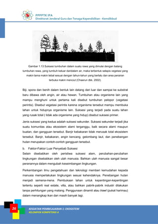 PPPPTK IPA
Direktorat Jenderal Guru dan Tenaga Kependidikan - Kemdikbud
KEGIATAN PEMBELAJARAN 1: EKOSISTEM
KELOMPOK KOMPETENSI A
26
Gambar 1.13 Suksesi tumbuhan dalam suatu rawa yang dimulai dengan batang
tumbuhan rawa, yang tumbuh keluar daridalam air, rnaka terbentuk selapis vegetasi yang
makin lama makin tebal sesuai dengan tahun-tahun yang berlalu dan area perairan
terbuka makin menciut (Chaerun dkk. 2002).
Biji, spora dan benih dalam bentuk lain datang dari luar dan sampai ke substrat
baru dibawa oleh angin, air atau hewan. Tumbuhan atau organisme lain yang
mampu menghuni untuk pertama kali disebut tumbuhan pelopor (vegetasi
perintis). Disebut vegetasi perintis karena organisme tersebut mampu membuka
lahan untuk hidupnya organisme lain. Suksesi yang terjadi pada suatu lahan
yang rusak total ( tidak ada organisme yang hidup) disebut suksesi primer.
Jenis suksesi yang kedua adalah suksesi sekunder. Suksesi sekunder terjadi jika
suatu komunitas atau ekosistem alami terganggu, baik secara alami maupun
buatan, dan gangguan tersebut. Banjir kebakaran tidak merusak total ekosistem
tersebut. Banjir, kebakaran, angin kencang, gelombang laut, dan penebangan
hutan merupakan contoh-contoh gangguan tersebut.
b. Faktor-Faktor Luar Penyebab Suksesi
Selain disebabkan oleh peristiwa suksesi alam, perubahan-perubahan
lingkungan disebabkan oleh ulah manusia. Bahkan ulah manusia sangat besar
peranannya dalam mengubah keseimbangan lingkungan.
Perkembangan ilmu pengetahuan dan teknologi memberi kemudahan kepada
manusia memperlakukan lingkungan sesuai kehendaknya. Penebangan hutan
menjadi semena-mena. Pembukaan lahan untuk kepentingan-kepentingan
tertentu seperti real estate, villa, atau bahkan pabrik-pabrik industri dilakukan
tanpa perhitungan yang matang. Penggunaan dinamit atau trawl (pukat harimau)
dalam menangkap ikan dan masih banyak lagi.
 