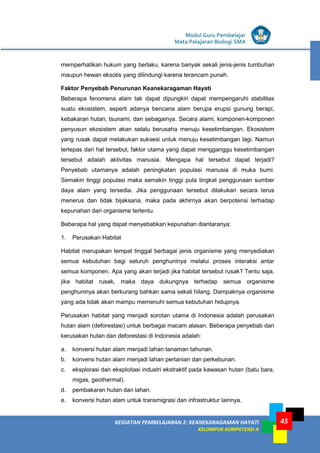 Modul Guru Pembelajar
Mata Pelajaran Biologi SMA
45KEGIATAN PEMBELAJARAN 2: KEANEKARAGAMAN HAYATI
KELOMPOK KOMPETENSI A
45
memperhatikan hukum yang berlaku, karena banyak sekali jenis-jenis tumbuhan
maupun hewan eksotis yang dilindungi karena terancam punah.
Faktor Penyebab Penurunan Keanekaragaman Hayati
Beberapa fenomena alam tak dapat dipungkiri dapat mempengaruhi stabilitas
suatu ekosistem, seperti adanya bencana alam berupa erupsi gunung berapi,
kebakaran hutan, tsunami, dan sebagainya. Secara alami, komponen-komponen
penyusun ekosistem akan selalu berusaha menuju kesetimbangan. Ekosistem
yang rusak dapat melakukan suksesi untuk menuju kesetimbangan lagi. Namun
terlepas dari hal tersebut, faktor utama yang dapat mengganggu kesetimbangan
tersebut adalah aktivitas manusia. Mengapa hal tersebut dapat terjadi?
Penyebab utamanya adalah peningkatan populasi manusia di muka bumi.
Semakin tinggi populasi maka semakin tinggi pula tingkat penggunaan sumber
daya alam yang tersedia. Jika penggunaan tersebut dilakukan secara terus
menerus dan tidak bijaksana, maka pada akhirnya akan berpotensi terhadap
kepunahan dari organisme tertentu.
Beberapa hal yang dapat menyebabkan kepunahan diantaranya:
1. Perusakan Habitat
Habitat merupakan tempat tinggal berbagai jenis organisme yang menyediakan
semua kebutuhan bagi seluruh penghuninya melalui proses interaksi antar
semua komponen. Apa yang akan terjadi jika habitat tersebut rusak? Tentu saja,
jika habitat rusak, maka daya dukungnya terhadap semua organisme
penghuninya akan berkurang bahkan sama sekali hilang. Dampaknya organisme
yang ada tidak akan mampu memenuhi semua kebutuhan hidupnya.
Perusakan habitat yang menjadi sorotan utama di Indonesia adalah perusakan
hutan alam (deforestasi) untuk berbagai macam alasan. Beberapa penyebab dari
kerusakan hutan dan deforestasi di Indonesia adalah:
a. konversi hutan alam menjadi lahan tanaman tahunan.
b. konversi hutan alam menjadi lahan pertanian dan perkebunan.
c. eksplorasi dan eksploitasi industri ekstraktif pada kawasan hutan (batu bara,
migas, geothermal).
d. pembakaran hutan dan lahan.
e. konversi hutan alam untuk transmigrasi dan infrastruktur lainnya.
 