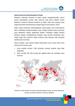 Modul Guru Pembelajar
Mata Pelajaran Biologi SMA
51KEGIATAN PEMBELAJARAN 2: KEANEKARAGAMAN HAYATI
KELOMPOK KOMPETENSI A
51
Upaya Konservasi Keanekaragaman Hayati
Walaupun Indonesia termasuk ke dalam negara megabiodiversitas, namun
karena pemanfaatan sumber daya alamnya yang belum dikelola secara
bijaksana membuat Indonesia termasuk ke dalam salah satu kawasan yang
tingkat kepunahan biodiversitasnya sangat tinggi di dunia (Sutarno, 2015).
Dalam upaya konservasi keanekaragaman hayati global, para konservasionis
telah menetapkan kawasan-kawasan yang menjadi prioritas utama konservasi
yang diistilahkan dengan biodiversity hotspot. Penetapan hotspot tersebut
dilakukan dengan mengidentifikasi kawasan yang memiliki konsentrasi yang
sangat tinggi dari jenis-jenis hewan endemik yang terancam oleh hilangnya
habitat secara luar biasa.
Secara spesifik, suatu daerah hotspot biodiversitas dunia secara ketat harus
memenuhi dua kriteria, yaitu:
1. harus memiliki minimal 1.500 tumbuhan vaskular endemik yang tidak
tergantikan
2. harus memiliki 30% atau kurang dari vegetasi alami asli, sehingga cukup
terancam.
Gambar 2.9. Peta sebaran 25 kawasan Diversity Hotspot di dunia, termasuk diantaranya
kawasan Sundaland (Paparan Sunda) dan Wallacea
 