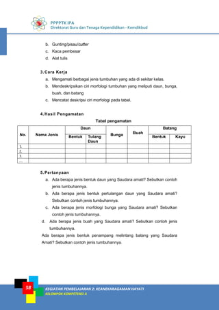 PPPPTK IPA
Direktorat Guru dan Tenaga Kependidikan - Kemdikbud
KEGIATAN PEMBELAJARAN 2: KEANEKARAGAMAN HAYATI
KELOMPOK KOMPETENSI A
58
b. Gunting/pisau/cutter
c. Kaca pembesar
d. Alat tulis
3.Cara Kerja
a. Mengamati berbagai jenis tumbuhan yang ada di sekitar kelas.
b. Mendeskripsikan ciri morfologi tumbuhan yang meliputi daun, bunga,
buah, dan batang
c. Mencatat deskripsi ciri morfologi pada tabel.
4.Hasil Pengamatan
Tabel pengamatan
No. Nama Jenis
Daun
Bunga Buah
Batang
Bentuk Tulang
Daun
Bentuk Kayu
1.
2.
3.
...
5.Pertanyaan
a. Ada berapa jenis bentuk daun yang Saudara amati? Sebutkan contoh
jenis tumbuhannya.
b. Ada berapa jenis bentuk pertulangan daun yang Saudara amati?
Sebutkan contoh jenis tumbuhannya.
c. Ada berapa jenis morfologi bunga yang Saudara amati? Sebutkan
contoh jenis tumbuhannya.
d. Ada berapa jenis buah yang Saudara amati? Sebutkan contoh jenis
tumbuhannya.
Ada berapa jenis bentuk penampang melintang batang yang Saudara
Amati? Sebutkan contoh jenis tumbuhannya.
 