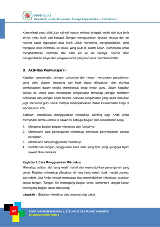 PPPPTK IPA
Direktorat Jenderal Guru dan Tenaga Kependidikan - Kemdikbud
KEGIATAN PEMBELAJARAN 3: STRUKTUR DAN FUNGSI JARINGAN
KELOMPOK KOMPETENSI A
82
Komunikasi yang dilakukan sel-sel neuron melalui sinapsis terdiri dari dua jenis
sinyal, yaitu listrik dan kimiawi. Dengan menggunakan struktur khusus dari sel
neuron dapat digunakan arus listrik untuk menerima, menghantarkan, serta
mengatur arus informasi ke lokasi yang jauh di dalam tubuh. Sementara untuk
menghantarkan informasi dari satu sel ke sel lainnya, neuron lebih
mengandalkan sinyal dari senyawa kimia yang bernama neurotransmitter.
D. Aktivitas Pembelajaran
Kegiatan pengamatan jaringan tumbuhan dan hewan merupakan pengalaman
yang perlu dialami langsung dan tidak dapat dilepaskan dari aktivitas
pembelajaran dalam rangka membentuk sikap ilmiah guru. Dalam kegiatan
berikut ini, Anda akan melakukan pengamatan terhadap jaringan meristem
tumbuhan dan jaringan epitel hewan. Aktivitas pengamatan yang akan dilakukan
juga menuntut guru untuk mampu mempraktekkan dasar keselamatan kerja di
laboratorium IPA.
Sebelum beraktivitas menggunakan mikroskop, penting bagi Anda untuk
memahami rambu-rambu di bawah ini sebagai bagian dari keselamatan kerja
1. Mengenal bagian-bagian mikroskop dan fungsinya.
2. Memahami cara penanganan mikroskop semenjak penyimpanan sampai
persiapan.
3. Memahami cara penggunaan mikroskop.
4. Berhati-hati dengan penggunaan kaca slide yang tipis yang ujungnya tajam
(awas! Bisa melukai).
Kegiatan I. Cara Menggunakan Mikroskop
Mikroskop adalah alat yang relatif mahal dan membutuhkan penanganan yang
benar. Pastikan mikroskop diletakkan di meja yang kokoh, tidak mudah goyang,
dan roboh. Jika Anda hendak membawa atau memindahkan mikroskop, gunakan
kedua tangan. Tangan kiri memegang bagian leher, sementara tangan kanan
memegang bagian dasar mikroskop.
Langkah I: Siapkan mikroskop dan preparat siap pakai.
 