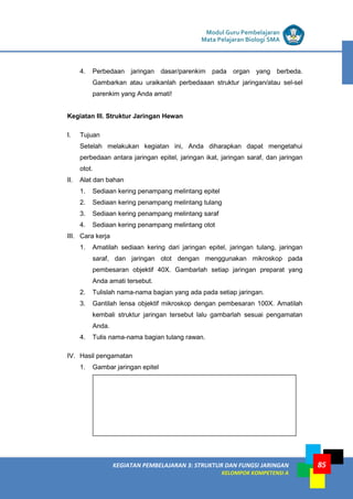 LISTRIK untuk SMP
KEGIATAN PEMBELAJARAN 3: STRUKTUR DAN FUNGSI JARINGAN
KELOMPOK KOMPETENSI A
Modul Guru Pembelajaran
Mata Pelajaran Biologi SMA
85
4. Perbedaan jaringan dasar/parenkim pada organ yang berbeda.
Gambarkan atau uraikanlah perbedaaan struktur jaringan/atau sel-sel
parenkim yang Anda amati!
Kegiatan III. Struktur Jaringan Hewan
I. Tujuan
Setelah melakukan kegiatan ini, Anda diharapkan dapat mengetahui
perbedaan antara jaringan epitel, jaringan ikat, jaringan saraf, dan jaringan
otot.
II. Alat dan bahan
1. Sediaan kering penampang melintang epitel
2. Sediaan kering penampang melintang tulang
3. Sediaan kering penampang melintang saraf
4. Sediaan kering penampang melintang otot
III. Cara kerja
1. Amatilah sediaan kering dari jaringan epitel, jaringan tulang, jaringan
saraf, dan jaringan otot dengan menggunakan mikroskop pada
pembesaran objektif 40X. Gambarlah setiap jaringan preparat yang
Anda amati tersebut.
2. Tulislah nama-nama bagian yang ada pada setiap jaringan.
3. Gantilah lensa objektif mikroskop dengan pembesaran 100X. Amatilah
kembali struktur jaringan tersebut lalu gambarlah sesuai pengamatan
Anda.
4. Tulis nama-nama bagian tulang rawan.
IV. Hasil pengamatan
1. Gambar jaringan epitel
 