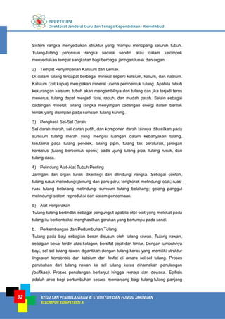 PPPPTK IPA
Direktorat Jenderal Guru dan Tenaga Kependidikan - Kemdikbud
KEGIATAN PEMBELAJARAN 4: STRUKTUR DAN FUNGSI JARINGAN
KELOMPOK KOMPETENSI A
92
Sistem rangka menyediakan struktur yang mampu menopang seluruh tubuh.
Tulang-tulang penyusun rangka secara sendiri atau dalam kelompok
menyediakan tempat sangkutan bagi berbagai jaringan lunak dan organ.
2) Tempat Penyimpanan Kalsium dan Lemak
Di dalam tulang terdapat berbagai mineral seperti kalsium, kalium, dan natrium.
Kalsium (zat kapur) merupakan mineral utama pembentuk tulang. Apabila tubuh
kekurangan kalsium, tubuh akan mengambilnya dari tulang dan jika terjadi terus
menerus, tulang dapat menjadi tipis, rapuh, dan mudah patah. Selain sebagai
cadangan mineral, tulang rangka menyimpan cadangan energi dalam bentuk
lemak yang disimpan pada sumsum tulang kuning.
3) Penghasil Sel-Sel Darah
Sel darah merah, sel darah putih, dan komponen darah lainnya dihasilkan pada
sumsum tulang merah yang mengisi ruangan dalam kebanyakan tulang,
terutama pada tulang pendek, tulang pipih, tulang tak beraturan, jaringan
kanselus (tulang berbentuk spons) pada ujung tulang pipa, tulang rusuk, dan
tulang dada.
4) Pelindung Alat-Alat Tubuh Penting
Jaringan dan organ lunak dikelilingi dan dilindungi rangka. Sebagai contoh,
tulang rusuk melindungi jantung dan paru-paru; tengkorak melindungi otak; ruas-
ruas tulang belakang melindungi sumsum tulang belakang; gelang panggul
melindungi sistem reproduksi dan sistem pencernaan.
5) Alat Pergerakan
Tulang-tulang bertindak sebagai pengungkit apabila otot-otot yang melekat pada
tulang itu berkontraksi menghasilkan gerakan yang bertumpu pada sendi.
b. Perkembangan dan Pertumbuhan Tulang
Tulang pada bayi sebagian besar disusun oleh tulang rawan. Tulang rawan,
sebagian besar terdiri atas kolagen, bersifat pejal dan lentur. Dengan tumbuhnya
bayi, sel-sel tulang rawan digantikan dengan tulang keras yang memiliki struktur
lingkaran konsentris dari kalsium dan fosfat di antara sel-sel tulang. Proses
perubahan dari tulang rawan ke sel tulang keras dinamakan penulangan
(osifikasi). Proses penulangan berlanjut hingga remaja dan dewasa. Epifisis
adalah area bagi pertumbuhan secara memanjang bagi tulang-tulang panjang
 