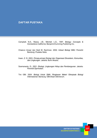 DAFTAR ISI PUSTAKA
KELOMPOK KOMPETENSI A
127
DAFTAR PUSTAKA
Campbell, N.A., Reece, J.B., Mitchell, L.G., 1997. Biology: Concepts &
Connections Callifornia: Benjamin/Cumming Publishing Co.
Chaerun Anwar dan Dedi M. Rachman. 2002. Intisari Biologi SMU. Penerbit
Bandung: Pustaka Setia.
Irwan, Z. D. 2003. Prinsip-prinsip Ekologi dan Organisasi Ekosistem, Komunitas,
dan Lingkungan. Jakarta: Bumi Aksara.
Soemarwoto, O., 2001. Ekologi, Lingkungan Hidup dan Pembangunan. Jakarta:
Penerbit Djambatan.
Tim OBI. 2004. Biologi Untuk SMA: Ringkasan Materi Olimpiade Biologi
Internasional. Bandung: OBI-Dirjen Dikmenum.
 