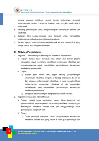 PPPPTK IPA
Direktorat Jenderal Guru dan Tenaga Kependidikan - Kemdikbud
KEGIATAN PEMBELAJARAN 2: PEREKEMBANGAN KEMAMPUAN INTELEKTUAL
KELOMPOK KOMPETENSI A
16
tercapai prestasi terbaiknya sesuai dengan potensinya, termasuk
pertimbangkan pemikir operasional konkret yang mungkin masih ada di
kelas Anda.
b. Rancang pembelajaran untuk mengembangkan kemampuan berpikir dan
kreativitas.
c. Ciptakan iklim belajar-mengajar yang kondusif untuk memfasilitasi
perkembangan pribadi peserta didik secara optimal.
d. Berikan layanan individual disamping kelompok kepada peserta didik yang
sangat cerdas atau yang lambat belajar.
D. Aktivitas Pembelajaran
1. Kegiatan 1. Perkembangan Kemampuan Intelektual Peserta Didik
a. Tujuan: melalui tugas membuat peta pikiran dan diskusi peserta
diharapkan dapat memahami identifikasi kemampuan intelektual dan
menggunakannya untuk memfasilitasi perkembangan kemampuan
intekektual peserta didik.
b. Tugas:
1) Buatlah peta pikiran atau bagan tentang pengembangan
kemampuan intelektual meliputi: a) konsep intelegensi, b) ciri-ciri
dan tahapan perkembangan intelektual, c) cara mengidentifikasi
perkembangan kemampuan intelektual, d) cara menentukan
pembelajaran yang memfasilitasi perkembangan kemampuan
intelektual peserta didik.
2) Bekerjalah dalam kelompok dan presentasikanlah hasilnya.
2. Kegiatan 2. Kasus dan Alternatif Solusi
a. Tujuan: melalui tugas pemecahan kasus, dikusi kelompok, dan
presentasi hasil kegiatan peserta dapat mengidentifikasi perkembangan
kemampuan intelektual peserta didik dan menggunakanya untuk
pembelajaran yang lebih baik.
b. Tugas
1) Curah pendapat mengenai kasus pengembangan kemampuan
intelektual peserta didik yang terjadi di kelas guru pembelajar dan
 