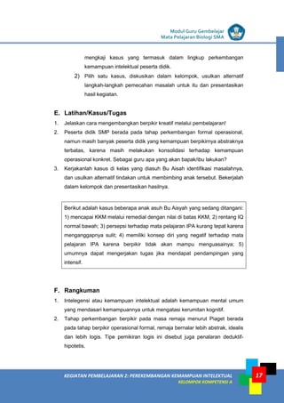 LISTRIK untuk SMP
KEGIATAN PEMBELAJARAN 2: PEREKEMBANGAN KEMAMPUAN INTELEKTUAL
KELOMPOK KOMPETENSI A
Modul Guru Gembelajar
Mata Pelajaran Biologi SMA
17
mengkaji kasus yang termasuk dalam lingkup perkembangan
kemampuan intelektual peserta didik.
2) Pilih satu kasus, diskusikan dalam kelompok, usulkan alternatif
langkah-langkah pemecahan masalah untuk itu dan presentasikan
hasil kegiatan.
E. Latihan/Kasus/Tugas
1. Jelaskan cara mengembangkan berpikir kreatif melalui pembelajaran!
2. Peserta didik SMP berada pada tahap perkembangan formal operasional,
namun masih banyak peserta didik yang kemampuan berpikirnya abstraknya
terbatas, karena masih melakukan konsolidasi terhadap kemampuan
operasional konkret. Sebagai guru apa yang akan bapak/ibu lakukan?
3. Kerjakanlah kasus di kelas yang diasuh Bu Aisah identifikasi masalahnya,
dan usulkan alternatif tindakan untuk membimbing anak tersebut. Bekerjalah
dalam kelompok dan presentasikan hasilnya.
Berikut adalah kasus beberapa anak asuh Bu Aisyah yang sedang ditangani:
1) mencapai KKM melalui remedial dengan nilai di batas KKM, 2) rentang IQ
normal bawah; 3) persepsi terhadap mata pelajaran IPA kurang tepat karena
menganggapnya sulit; 4) memiliki konsep diri yang negatif terhadap mata
pelajaran IPA karena berpikir tidak akan mampu menguasainya; 5)
umumnya dapat mengerjakan tugas jika mendapat pendampingan yang
intensif.
F. Rangkuman
1. Intelegensi atau kemampuan intelektual adalah kemampuan mental umum
yang mendasari kemampuannya untuk mengatasi kerumitan kognitif.
2. Tahap perkembangan berpikir pada masa remaja menurut Piaget berada
pada tahap berpikir operasional formal, remaja bernalar lebih abstrak, idealis
dan lebih logis. Tipe pemikiran logis ini disebut juga penalaran deduktif-
hipotetis.
 