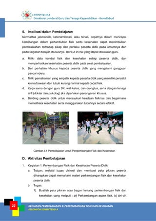 PPPPTK IPA
Direktorat Jenderal Guru dan Tenaga Kependidikan - Kemdikbud
KEGIATAN PEMBELAJARAN 3: PERKEMBANGAN FISIK DAN KESEHATAN
KELOMPOK KOMPETENSI A
22
5. Implikasi dalam Pembelajaran
Normalitas jasmaniah, keterlambatan, atau terlalu cepatnya dalam mencapai
kematangan dalam pertumbuhan fisik serta kesehatan dapat menimbulkan
permasalahan terhadap sikap dan perilaku peserta didik pada umumnya dan
pada kegiatan belajar khususnya. Berikut ini hal yang dapat dilakukan guru.
a. Miliki data kondisi fisik dan kesehatan setiap peserta didik, dan
memperhatikan kesehatan peserta didik pada awal pembelajaran.
b. Beri perhatian khusus kepada peserta didik yang mengalami gangguan
panca indera.
c. Miliki pemahaman yang empatik kepada peserta didik yang memiliki penyakit
kronis/bawaan dan tubuh kurang normal seperti cacat fisik.
d. Kerja sama dengan guru BK, wali kelas, dan orangtua, serta dengan tenaga
ahli (dokter dan psikolog) jika diperlukan penanganan khusus.
e. Bimbing peserta didik untuk mensyukuri keadaan fisiknya dan bagaimana
memelihara kesehatan serta menggunakan tubuhnya secara efektif.
Gambar 3.1 Pembelajaran untuk Pengembangan Fisik dan Kesehatan
D. Aktivitas Pembelajaran
1. Kegiatan 1. Perkembangan Fisik dan Kesehatan Peserta Didik
a. Tujuan: melalui tugas diskusi dan membuat peta pikiran peserta
diharapkan dapat memahami materi perkembangan fisik dan kesehatan
peserta didik
b. Tugas:
1) Buatlah peta pikiran atau bagan tentang perkembangan fisik dan
kesehatan yang meliputi : a) Perkembangan aspek fisik, b) ciri-ciri
 