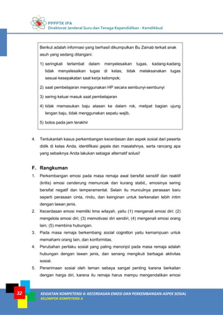 PPPPTK IPA
Direktorat Jenderal Guru dan Tenaga Kependidikan - Kemdikbud
KEGIATAN KOMPETENSI 4: KECERDASAN EMOSI DAN PERKEMBANGAN ASPEK SOSIAL
KELOMPOK KOMPETENSI A
32
Berikut adalah informasi yang berhasil dikumpulkan Bu Zainab terkait anak
asuh yang sedang ditangani:
1) seringkali terlambat dalam menyelesaikan tugas, kadang-kadang
tidak menyelesaikan tugas di kelas, tidak melaksanakan tugas
sesuai kesepakatan saat kerja kelompok;
2) saat pembelajaran menggunakan HP secara sembunyi-sembunyi
3) sering keluar masuk saat pembelajaran
4) tidak memasukan baju atasan ke dalam rok, melipat bagian ujung
lengan baju, tidak menggunakan sepatu wajib,
5) bolos pada jam terakhir
4. Tentukanlah kasus perkembangan kecerdasan dan aspek sosial dari peserta
didik di kelas Anda, identifikasi gejala dan masalahnya, serta rancang apa
yang sebaiknya Anda lakukan sebagai alternatif solusi!
F. Rangkuman
1. Perkembangan emosi pada masa remaja awal bersifat sensitif dan reaktif
(kritis) emosi cenderung memuncak dan kurang stabil,, emosinya sering
bersifat negatif dan temperamental. Selain itu munculnya perasaan baru
seperti perasaan cinta, rindu, dan keinginan untuk berkenalan lebih intim
dengan lawan jenis.
2. Kecerdasan emosi memiliki lima wilayah, yaitu (1) mengenali emosi diri; (2)
mengelola emosi diri; (3) memotivasi diri sendiri; (4) mengenali emosi orang
lain; (5) membina hubungan.
3. Pada masa remaja berkembang social cognition yaitu kemampuan untuk
memahami orang lain, dan konformitas.
4. Perubahan perilaku sosial yang paling menonjol pada masa remaja adalah
hubungan dengan lawan jenis, dan senang mengikuti berbagai aktivitas
sosial.
5. Penerimaan sosial oleh teman sebaya sangat penting karena berkaitan
dengan harga diri, karena itu remaja harus mampu mengendalikan emosi
 