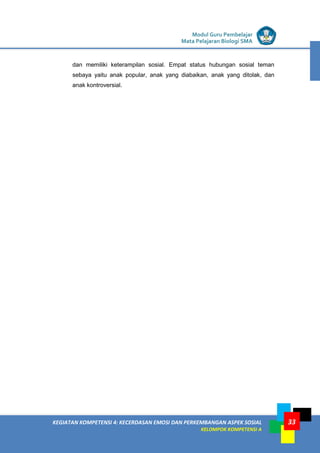 LISTRIK untuk SMP
KEGIATAN KOMPETENSI 4: KECERDASAN EMOSI DAN PERKEMBANGAN ASPEK SOSIAL
KELOMPOK KOMPETENSI A
Modul Guru Pembelajar
Mata Pelajaran Biologi SMA
33
dan memiliki keterampilan sosial. Empat status hubungan sosial teman
sebaya yaitu anak popular, anak yang diabaikan, anak yang ditolak, dan
anak kontroversial.
 