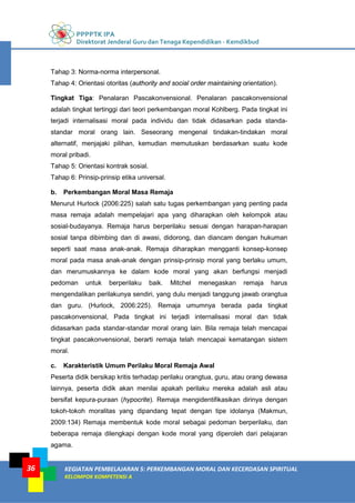 PPPPTK IPA
Direktorat Jenderal Guru dan Tenaga Kependidikan - Kemdikbud
KEGIATAN PEMBELAJARAN 5: PERKEMBANGAN MORAL DAN KECERDASAN SPIRITUAL
KELOMPOK KOMPETENSI A
36
Tahap 3: Norma-norma interpersonal.
Tahap 4: Orientasi otoritas (authority and social order maintaining orientation).
Tingkat Tiga: Penalaran Pascakonvensional. Penalaran pascakonvensional
adalah tingkat tertinggi dari teori perkembangan moral Kohlberg. Pada tingkat ini
terjadi internalisasi moral pada individu dan tidak didasarkan pada standa-
standar moral orang lain. Seseorang mengenal tindakan-tindakan moral
alternatif, menjajaki pilihan, kemudian memutuskan berdasarkan suatu kode
moral pribadi.
Tahap 5: Orientasi kontrak sosial.
Tahap 6: Prinsip-prinsip etika universal.
b. Perkembangan Moral Masa Remaja
Menurut Hurlock (2006:225) salah satu tugas perkembangan yang penting pada
masa remaja adalah mempelajari apa yang diharapkan oleh kelompok atau
sosial-budayanya. Remaja harus berperilaku sesuai dengan harapan-harapan
sosial tanpa dibimbing dan di awasi, didorong, dan diancam dengan hukuman
seperti saat masa anak-anak. Remaja diharapkan mengganti konsep-konsep
moral pada masa anak-anak dengan prinsip-prinsip moral yang berlaku umum,
dan merumuskannya ke dalam kode moral yang akan berfungsi menjadi
pedoman untuk berperilaku baik. Mitchel menegaskan remaja harus
mengendalikan perilakunya sendiri, yang dulu menjadi tanggung jawab orangtua
dan guru. (Hurlock, 2006:225). Remaja umumnya berada pada tingkat
pascakonvensional, Pada tingkat ini terjadi internalisasi moral dan tidak
didasarkan pada standar-standar moral orang lain. Bila remaja telah mencapai
tingkat pascakonvensional, berarti remaja telah mencapai kematangan sistem
moral.
c. Karakteristik Umum Perilaku Moral Remaja Awal
Peserta didik bersikap kritis terhadap perilaku orangtua, guru, atau orang dewasa
lainnya, peserta didik akan menilai apakah perilaku mereka adalah asli atau
bersifat kepura-puraan (hypocrite). Remaja mengidentifikasikan dirinya dengan
tokoh-tokoh moralitas yang dipandang tepat dengan tipe idolanya (Makmun,
2009:134) Remaja membentuk kode moral sebagai pedoman berperilaku, dan
beberapa remaja dilengkapi dengan kode moral yang diperoleh dari pelajaran
agama.
 