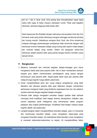 LISTRIK untuk SMP
KEGIATAN PEMBELAJARAN 7: IDENTIFIKASI KEMAMPUAN AWAL DAN KESULITAN BELAJAR
KELOMPOK KOMPETENSI A
Modul Guru Pembelajar
Mata Pelajaran Biologi SMA
57
jam ke 1 dan 2. Budi, Dudi, Ema jarang bisa menyelesaikan tugas tepat
waktu baik tugas di kelas maupun pekerjaan rumah. Pada saat kegiatan
kelompok, aktivitas ketiganya tidak terlalu aktif.
Hasil wawancara Bu Khadijah dengan kelimanya menunjukkan Andi dan Cici
termasuk anak yang terlalu dilindungi orangtua sehingga cenderung dimanja
dan kurang mandiri. Sebaliknya orangtua Budi, Dudi, dan Ema cenderung
melepas sehingga perkembangan prestasinya tidak tercermati dengan baik
karenanya tumbuh kebiasaan belajar yang kurang baik seperti malas belajar
dan motivasi belajar yang rendah. Dalam hal pergaulan sehari-hari
kelimanya adalah peserta didik yang pandai bergaul karena memiliki cukup
banyak teman.
F. Rangkuman
1. Sebelum memasuki dan memulai kegiatan belajar-mengajar guru harus
mengetahui bekal awal awal peserta didik. Hal ini akan memberikan bantuan
kepada guru dalam merencanakan pembelajaran yang sesuai dengan
kemampuan awal peserta didik. Aspek-aspek bekal awal ajar peserta didik
meliputi fungsi kognitif, fungsi afektif, psikomotor.
2. Untuk mengidentifikasi jenis dan ruang lingkup pengetahuan yang telah
diketahui dan dikuasai peserta didik apat dilakukan dengan memberikan
pertanyaan mengenai materi yang terdahulu (apersepsi) dan pre- tes sebelum
mereka memulai dengan kegiatan belajar-mengajar.
3. Peserta didik diduga mengalami kesulitan belajar apabila tidak berhasil
mencapai taraf kualifikasi hasil belajar tertentu berdasarkan indikator atau
ukuran kapasitas (taraf intelegensi) atau kemampuan dalam program
pelajaran atau tingkat perkembangan. Kualifikasi hasil belajar meliputi aspek
kognitif, afektif, dan psikomotor.
4. Langkah-langkah dalam mengidentifikasi kesulitan belajar, yaitu (1) menandai
dan menemukan kesulitan belajar, untuk mengetahui siapa-siapa yang
mengalami kesulitan belajar ;(2) melokalisasi letak kesulitan untuk mengetahui
di manakah kelemahan-kelemahan itu terjadi; (3) mengidentifikasi faktor
 